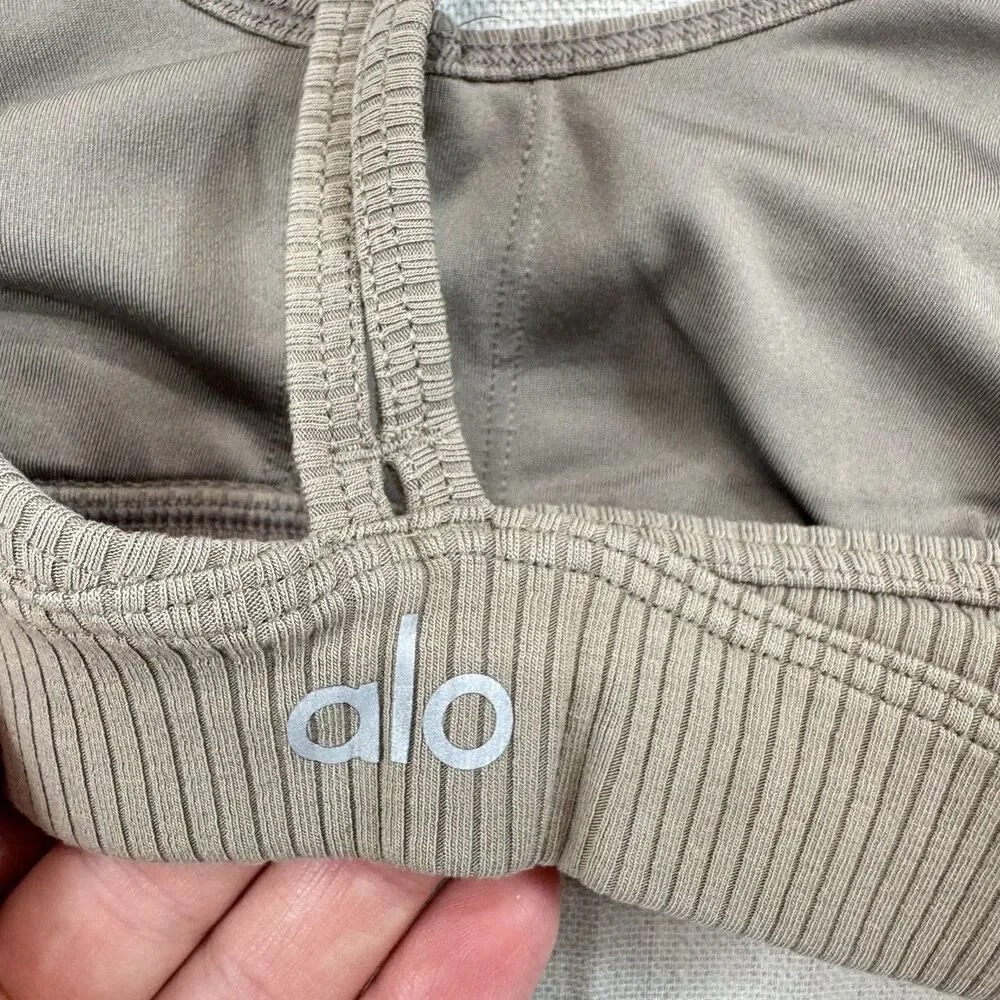 ALO Yoga Beige Ribbed Blissful Athletic Sporty Workout Sports Bra Size S